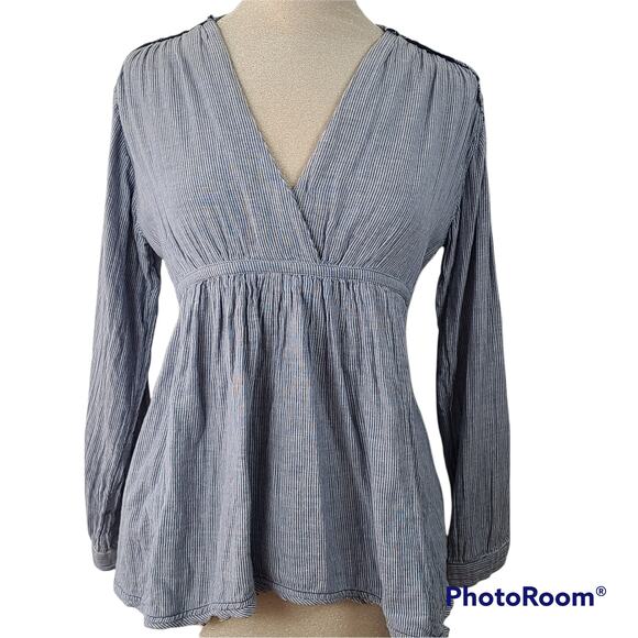Free People sustainable boho navy stripe long sleeve gathered top, Small - Picture 1 of 8